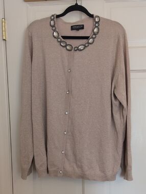 Jones New York Champagne Beige Cardigan with Jeweled Neckline